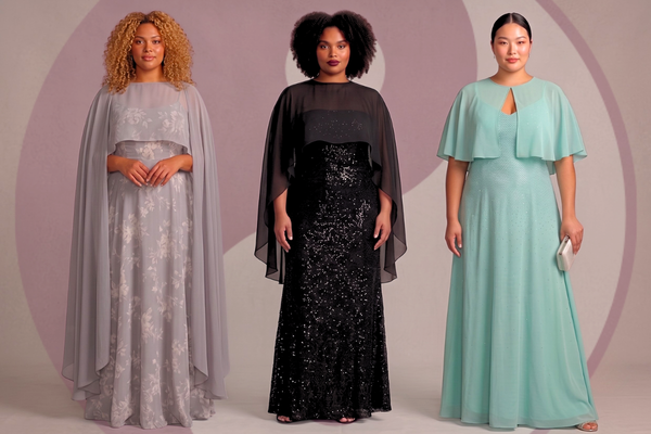 Modelos plus size usando vestidos de festa com diferentes tipos de sobreposição em tecidos fluidos